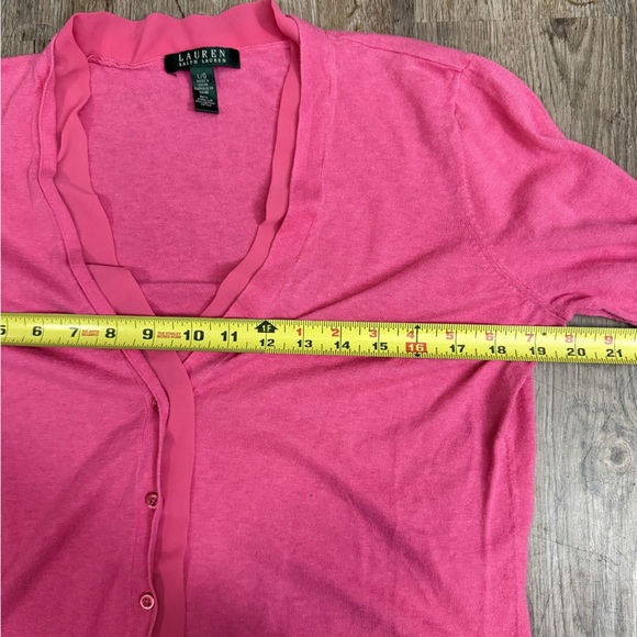 Ralph Lauren • V-Neck Chiffon Trim Linen Blend Cardigan - Picture 5 of 9